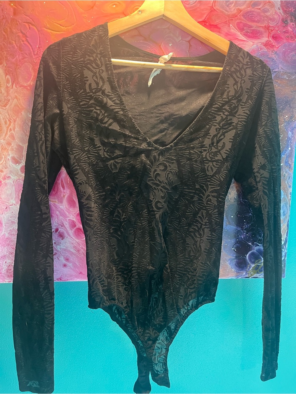 FREE PEOPLE 'On the Dance Floor' V Neck Sheer Velvet Black Long Sleeve Bodysuit